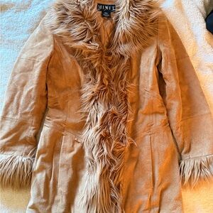 Mixit Camel Faux-Suede Teddy Coat with Plush Fur Trim